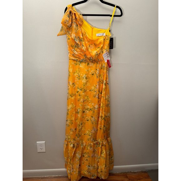 Mac Duggal One Shoulder Bow Maxi Dress Yellow Floral Tiered Ruffled Size 4 NWT - Picture 5 of 9